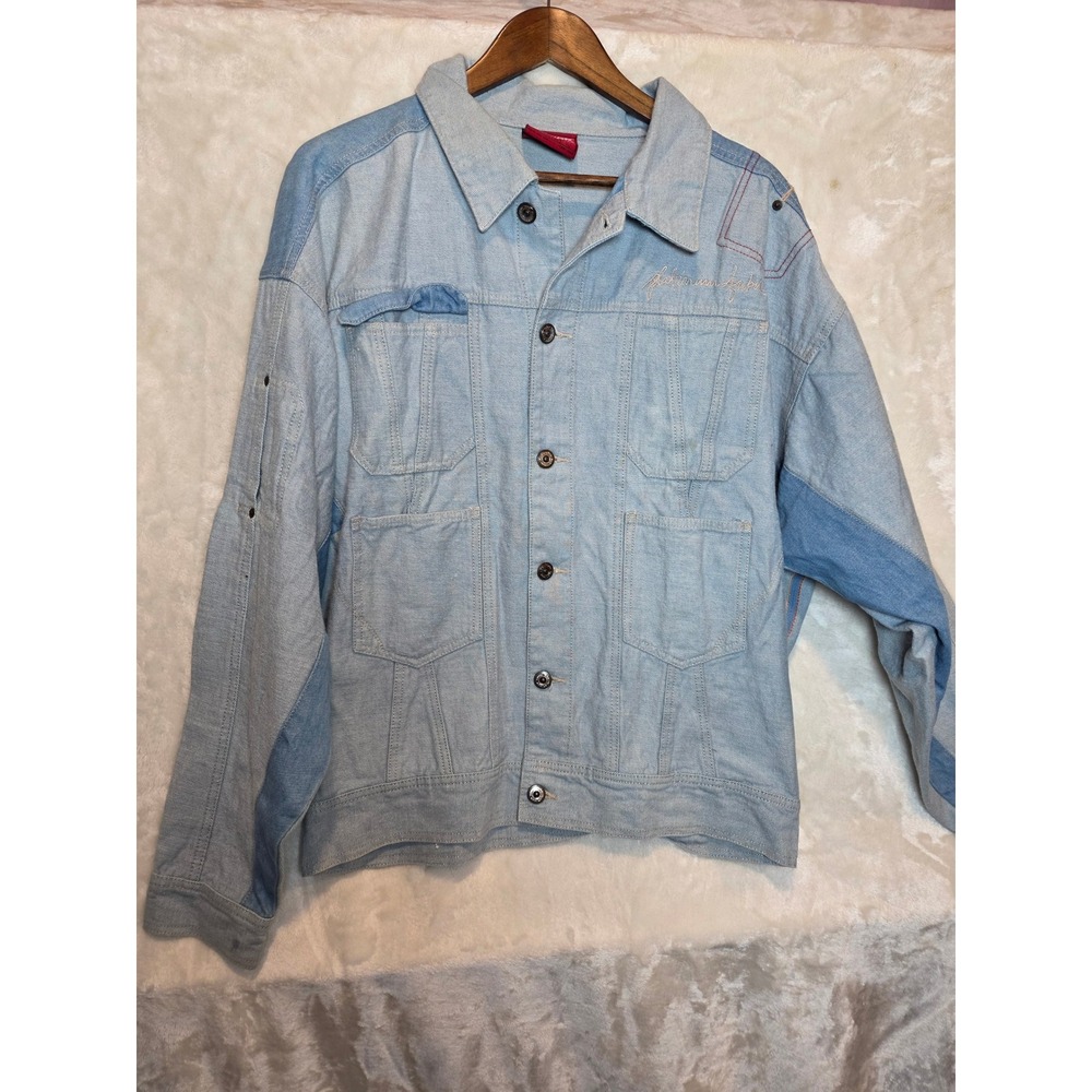 Platinum FUBU Mens XL Vintage Denim Jacket Light Wash Multi Pocket Streetwear